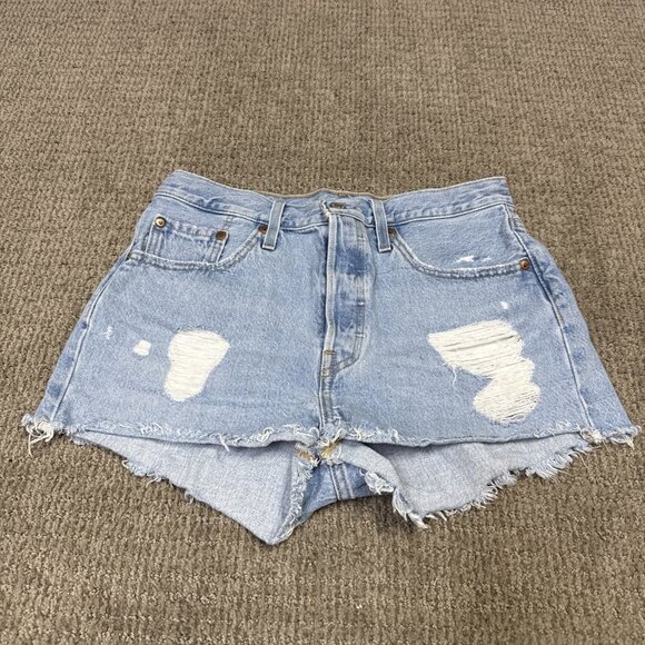 Levi’s 501 Shorts Blue Distressed Pockets Women’s Size 29 - Picture 1 of 12